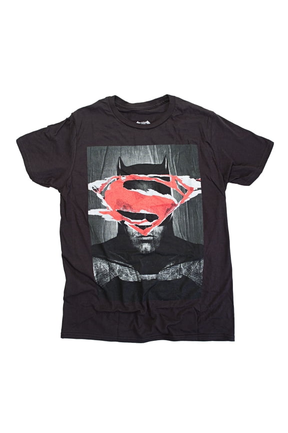 Batman Vs Superman Mens T-Shirt - Superman Stamped Logover Bats Face Box (2X-Large)