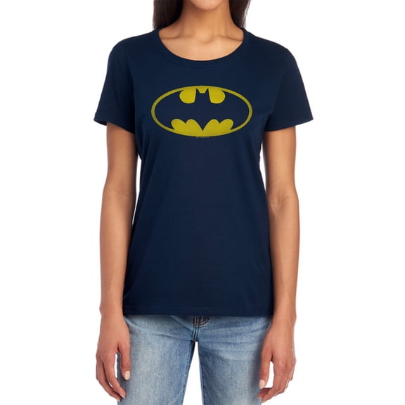 Batman Washed Bat Logo Women's T Shirt, Navy, Medium