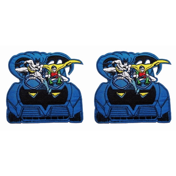 Batman and Robin in Batmobile 3.75in wide Embroidered Patch Set of 2