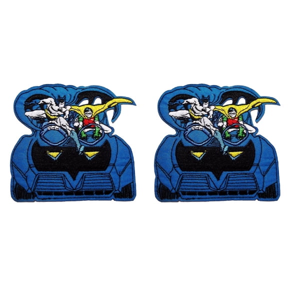 Batman and Robin in Batmobile 3.75in wide Embroidered Sewn On Patch Set of 2