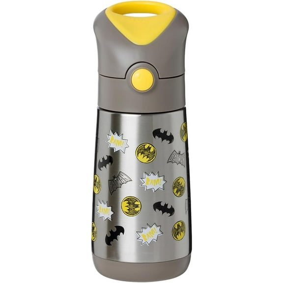 Batman by b.box 12 oz Insulated Kids Water Bottle: Keeps Drinks Cold up to 8 Hours, Warm up to 6 Hours. Triple Wall Stainless Steel Kids Drink Bottle w/Free Flow Silicone Straw Top