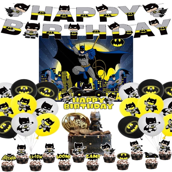 Batman birthday party supplies, Batman party decorations include banners, balloons, backdrops, cupcake top hats