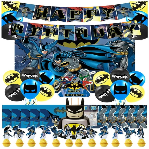 Batman themed party decorations, holiday party decorations, balloons, decorative background, superhero themed birthday banners, cake decorations