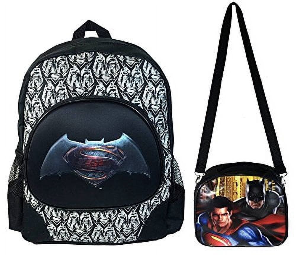 Batman vs Superman Black/White Backpack Large + Black Lunch Bag Combo