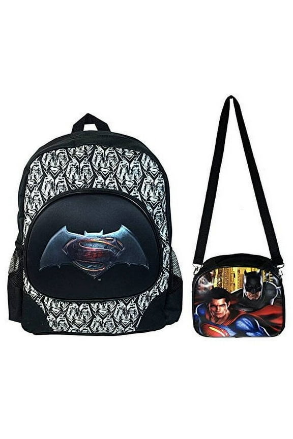Batman vs Superman Black/White Backpack Large + Black Lunch Bag Combo