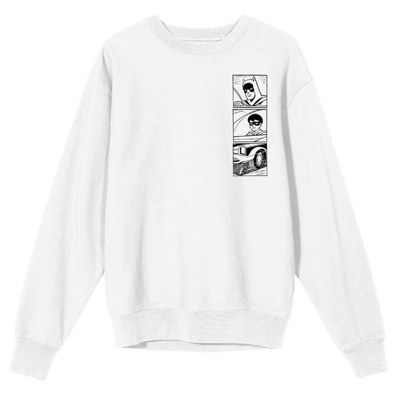 Batmanga Batman & Robin Riding Batmobile Crew Neck Long Sleeve White Adult Sweatshirt-Large