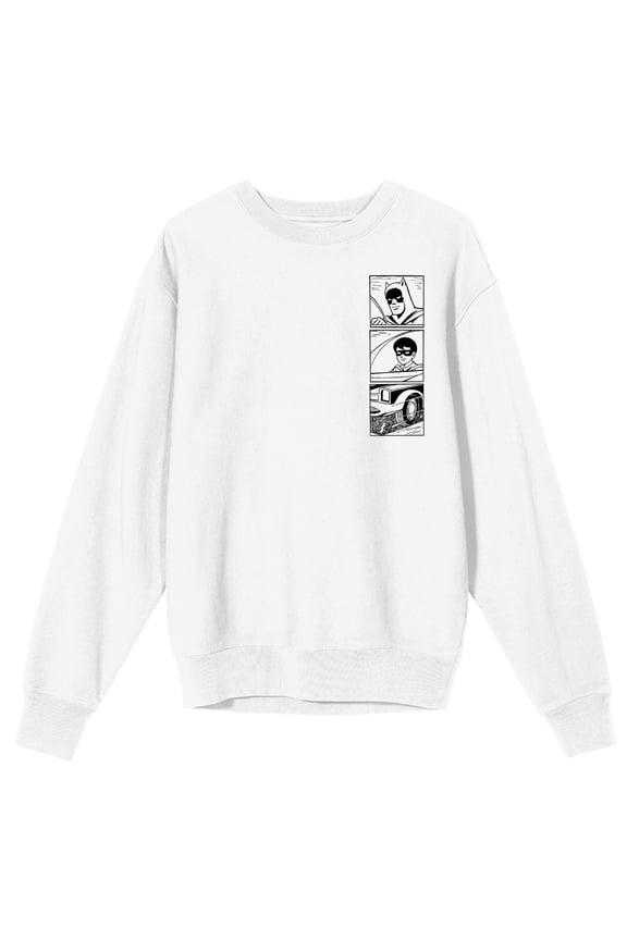 Batmanga Batman & Robin Riding Batmobile Crew Neck Long Sleeve White Adult Sweatshirt-XL