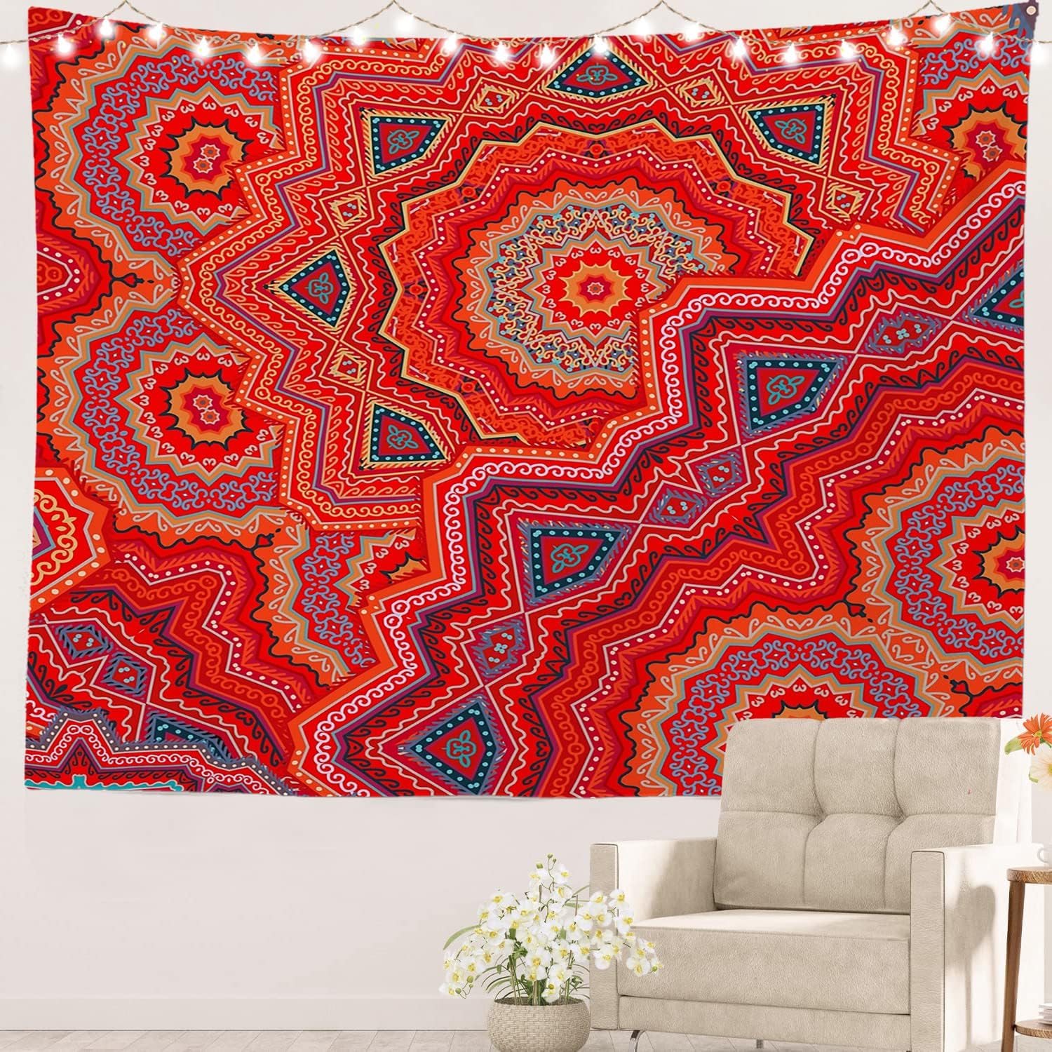 Batmerry Indigo Abstract Floral Tapestry, Blue Tie Wall Art Hanging