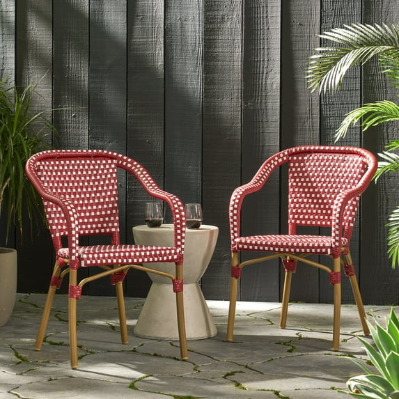 Baton Aluminum and Wicker Outdoor French Bistro Chairs, Set of 2, Red, White, and Wood Print