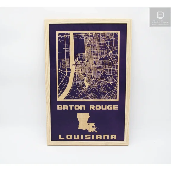 Baton Rouge, Louisiana Laser Etched Wood Street Map - LSU Campus Map Framed in Natural Wood
