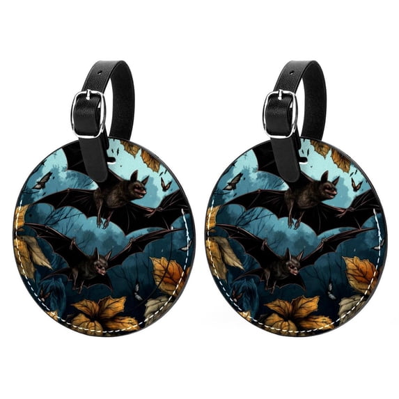 Bats 2Pcs PU Leather Round Luggage Tags with Privacy Cover and Name ID Tag for Suitcase, Handbags, Backpacks, School Bags