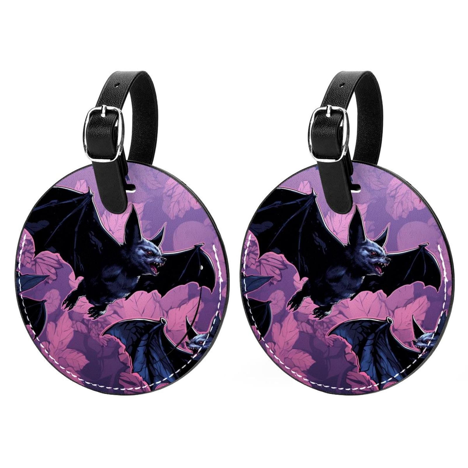 Bats 2Pcs PU Leather Round Luggage Tags with Privacy Cover and Name ID