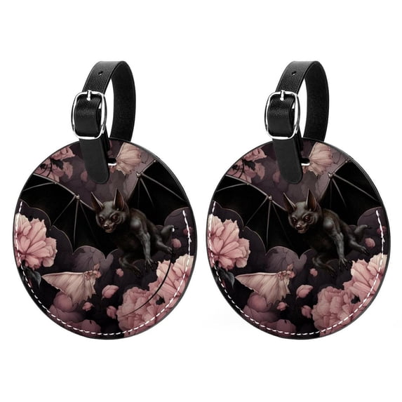 Bats 2pcs PU Leather Round Bag Tags Suitcase Handbag Tags with Privacy Cover and Name ID Tag for Travel Luggage, Handbags, Backpacks, School Bags