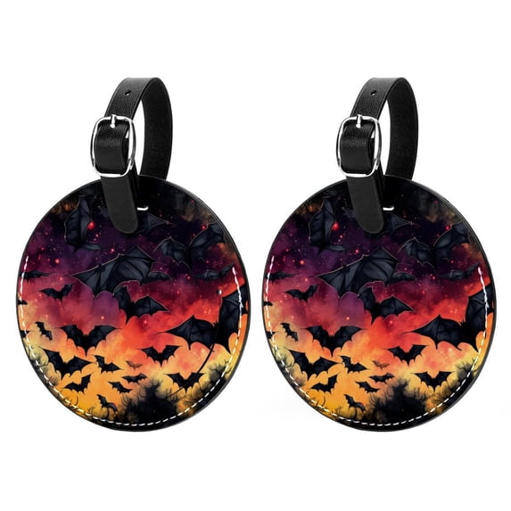 Bats 2pcs PU Leather Round Bag Tags Suitcase Handbag Tags with Privacy Cover and Name ID Tag for Travel Luggage, Handbags, Backpacks, School Bags