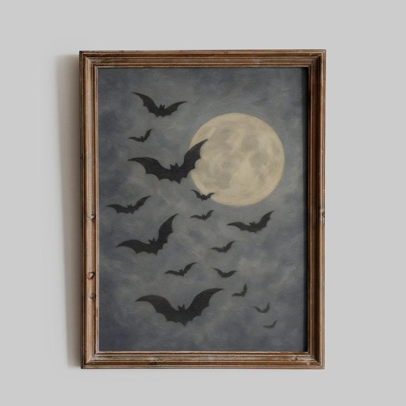 Bats And Full Moon Wall Art Print, Moody Gothic Halloween Decor