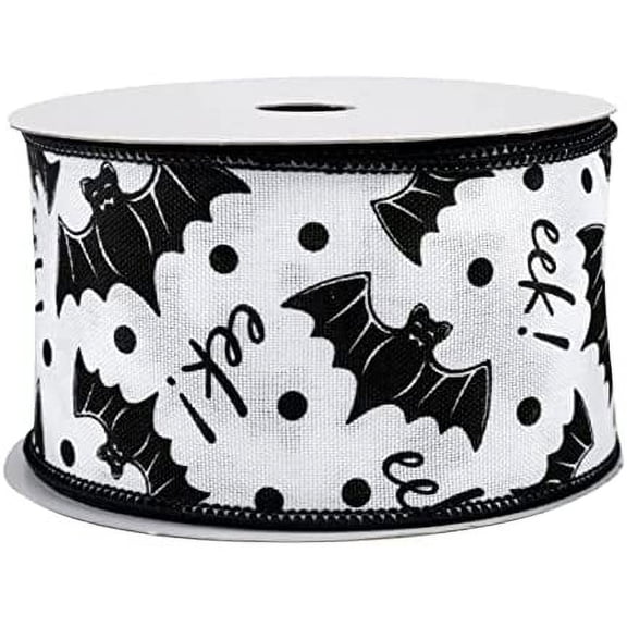 Bats Eek! Halloween Wired Ribbon - 2 1/2" x 10 Yards, Black & White, Wreath, Trick or Treat, Party, Haunted House, Fundraiser, Classroom, Daycare