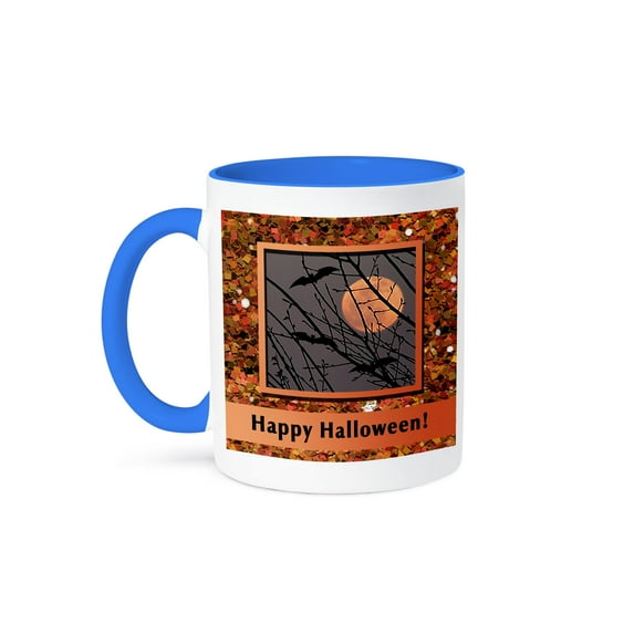 3dRose, Bats Flying Around Harvest Moon in Glitter Look Frame, Happy Halloween, 11oz Two-Tone Blue Mug