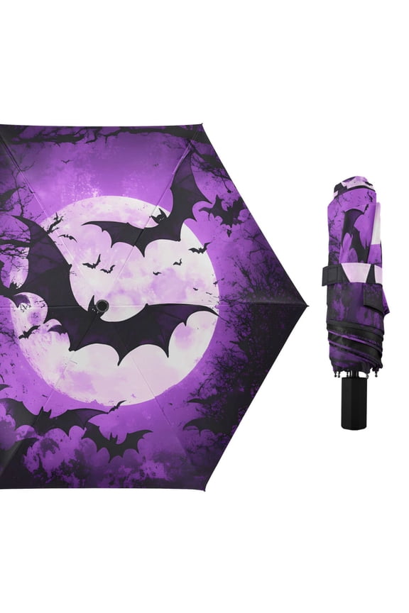 Bats Flying under Purple Moon Compact Sun Umbrella Windproof Travel Umbrellas for Rain Strong Portable UV Protection