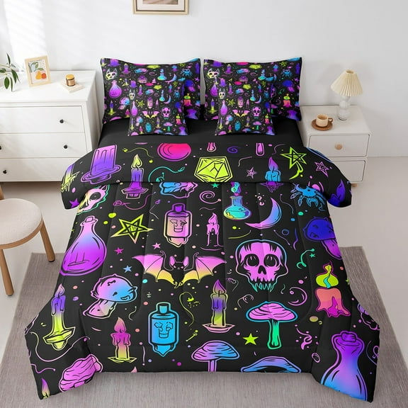 Bats Halloween Decoration Bed in a Bag Queen Comforter Set 7 Piece,Exotic Mushroom Stars Moon Bedding Sets Blue Purple Sugar Skull Constellation Galaxy Sheet Set with Comforter
