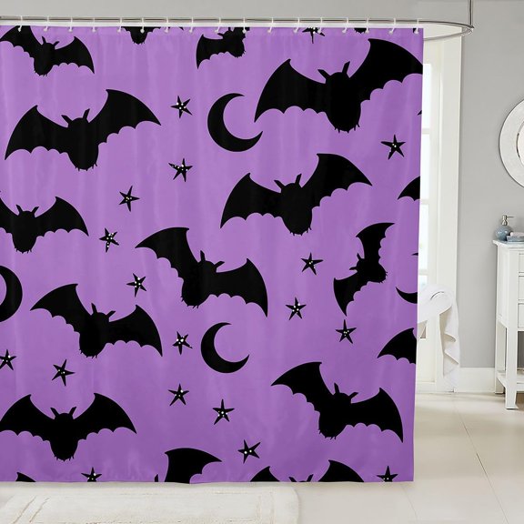 Bats Halloween Decoration Gothic Fabric Shower Curtain | Goth Halloween Bats Bath Curtain 72" Wx84 L, Galaxy Stars Moon Silhouette Spooky Dark Shadows Shower Curtains for Bathroom