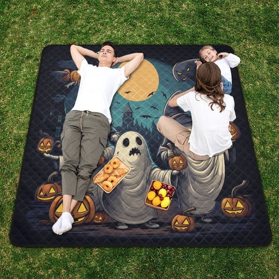 Bats Halloween Ghosts Pumpkins Beach Blanket Outdoor Picnic Blanket 78"x 78" Waterproof Foldable for Beach Camping Travel Hiking Grass Lawn Park