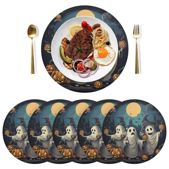 Bats Halloween Ghosts Pumpkins Black Round Placemats Plate Mats 15 Inch Non-Slip Heat Resistant Washable PVC Set Indoor for Kitchen Dining Table 1PC
