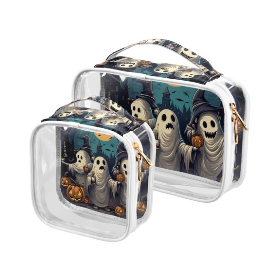 Bats Halloween Ghosts Pumpkins Clear Cosmetic Bags with Handles PVC Toiletry Bags Zipper Waterproof Portable for Traveling 2 Pcs