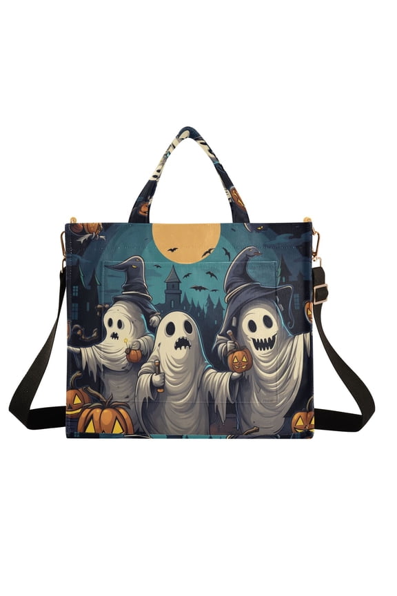 Bats Halloween Ghosts Pumpkins Corduroy Tote Bag Handbag Large Messenger Bag Shoulder Crossbody Zipper Bag Purse