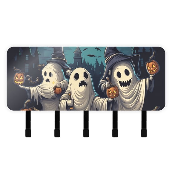 Bats Halloween Ghosts Pumpkins Mail Holder Organizer Wall Mount with Shelf Key Holder Key Rack with 5 Key Hooks for Wall Decorative