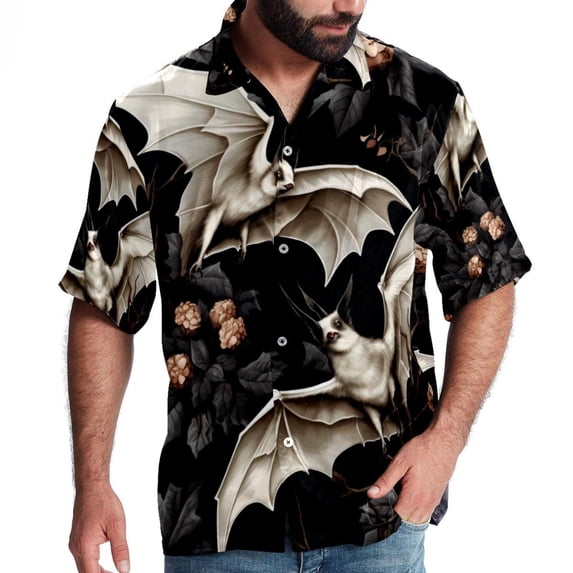 Bats Men's Hawaiian Shirt, Button Down Poplin Short Sleeve Casual Summer Beach Printed Unisex Shirts