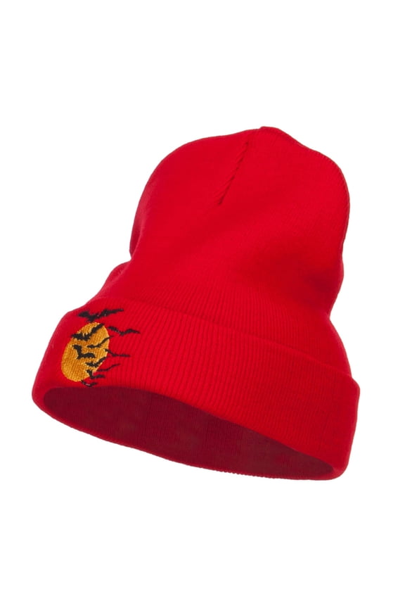 Bats Moon Halloween Embroidered Long Beanie - Red OSFM