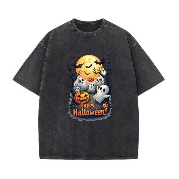 Bats Moonlit Halloween Scene T Shirt Washed Soft Cotton Graphic Tees Vintage Comfort Tops Black S-2XL Plus Size