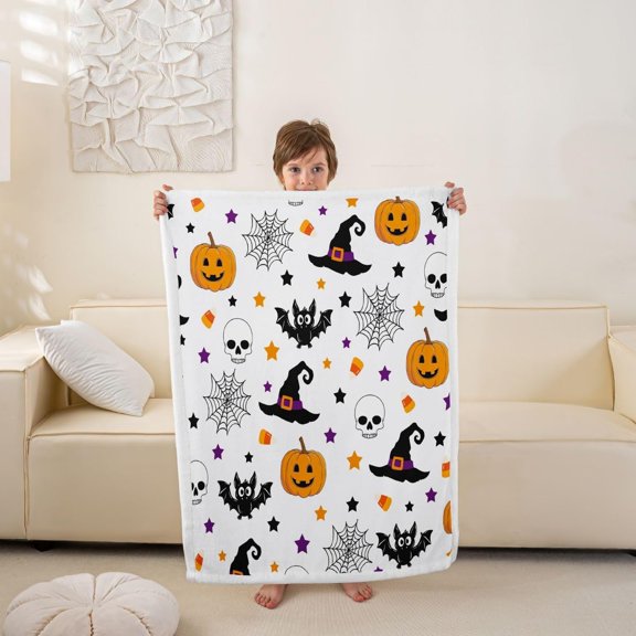 Bats Pumpkin Halloween Witch Blanket Hat Spider Web, Bones Galaxy Stars Cartoon Skeleton Spooky Spider Webs Halloween Throw Blanket 30"x40"