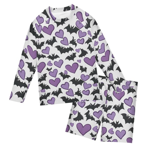 Bats Purple Hearts Pattern Boys' Bathing Suit UPF 50+ Boys' Rash Guard Sets Stretchy Quick Dry 3T-10T