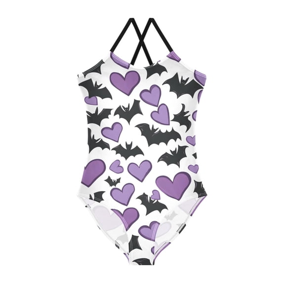 Bats Purple Hearts Pattern Girls' One-Piece Swimwear 3T-10T Soft ...