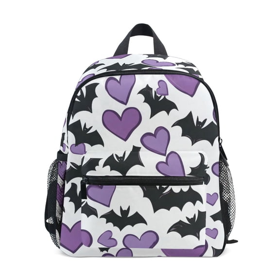 Bats Purple Hearts Pattern Mini Backpack Cute Small Backpack with Chest Strap and Whistle Ages 3-8