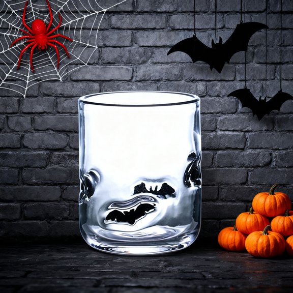 Bats Relief Painted Glass Cup – Gothic Halloween Coffee Mug, Unique Handcrafted Glassware, Artistic Holiday Gift for Home or Office