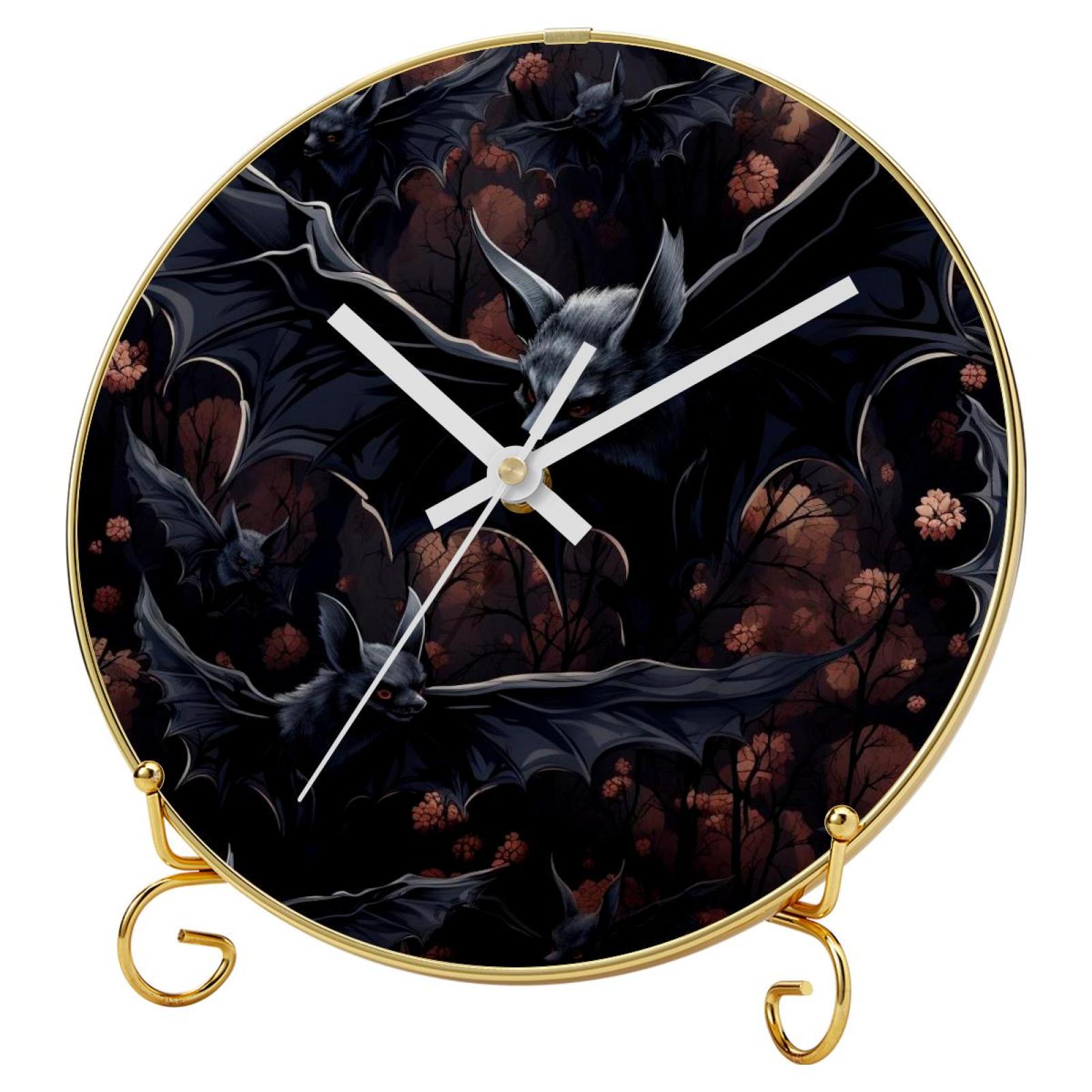 Bats Round Printed Wall Clock with Hooks and Gold Stand, Silent Non
