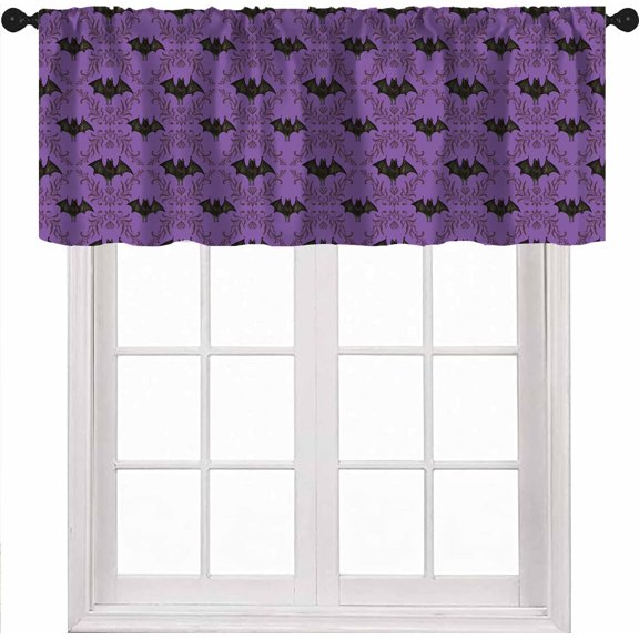 Bats Valance Curtains, Gothic Black Bats Purple Damask Pattern Halloween Small Short Window Curtain Valances for Kitchen Living Room Bedroom, 54x18 Inch