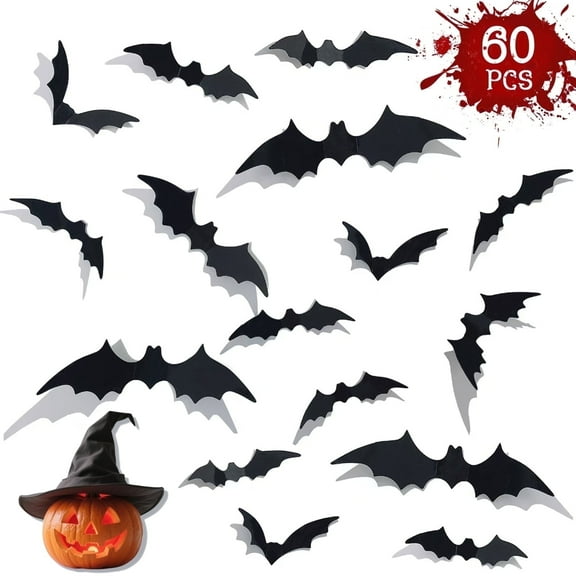 Syvvy 60Pcs Bats Wall Decor,Bats Halloween Decorations,PVC 3D Black Waterproof Spooky Bat Stickers for Home Room Decors,Party Supplies