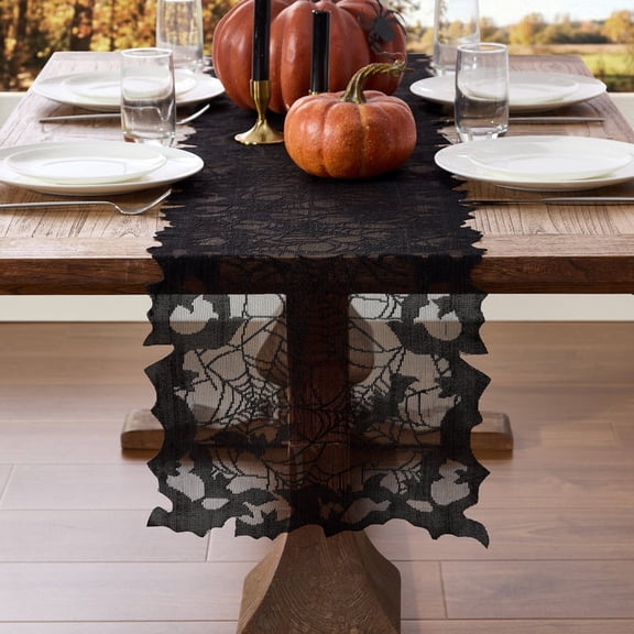 Threadmade Bats & Web Lace Halloween Table Console Runner, Black - 13"W x 90"L