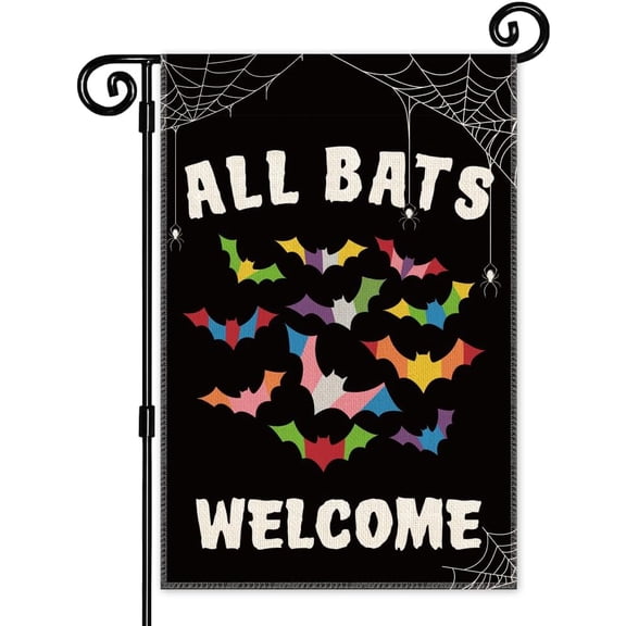 All Bats Welcome Garden Flag, Double Sided Yard Outdoor Farmhouse Lawn Porch Decor Flag, Halloween Bats Decor Flag, Inclusive Yard Flag, Equality Diversity Flag, LGBTQ Pride Flag