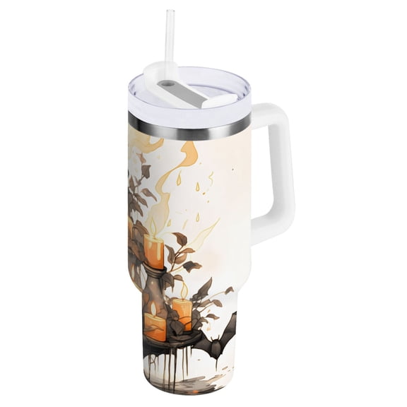 Bats and Candles Halloween Tumbler with Handle and Straw Insulated Travel Mug Reusable Stainless Steel Water Bottle 40 oz