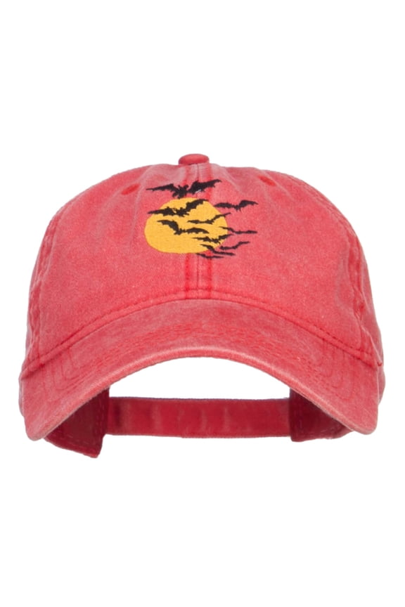 Bats and Moon Halloween Embroidered Washed Cap - Red OSFM