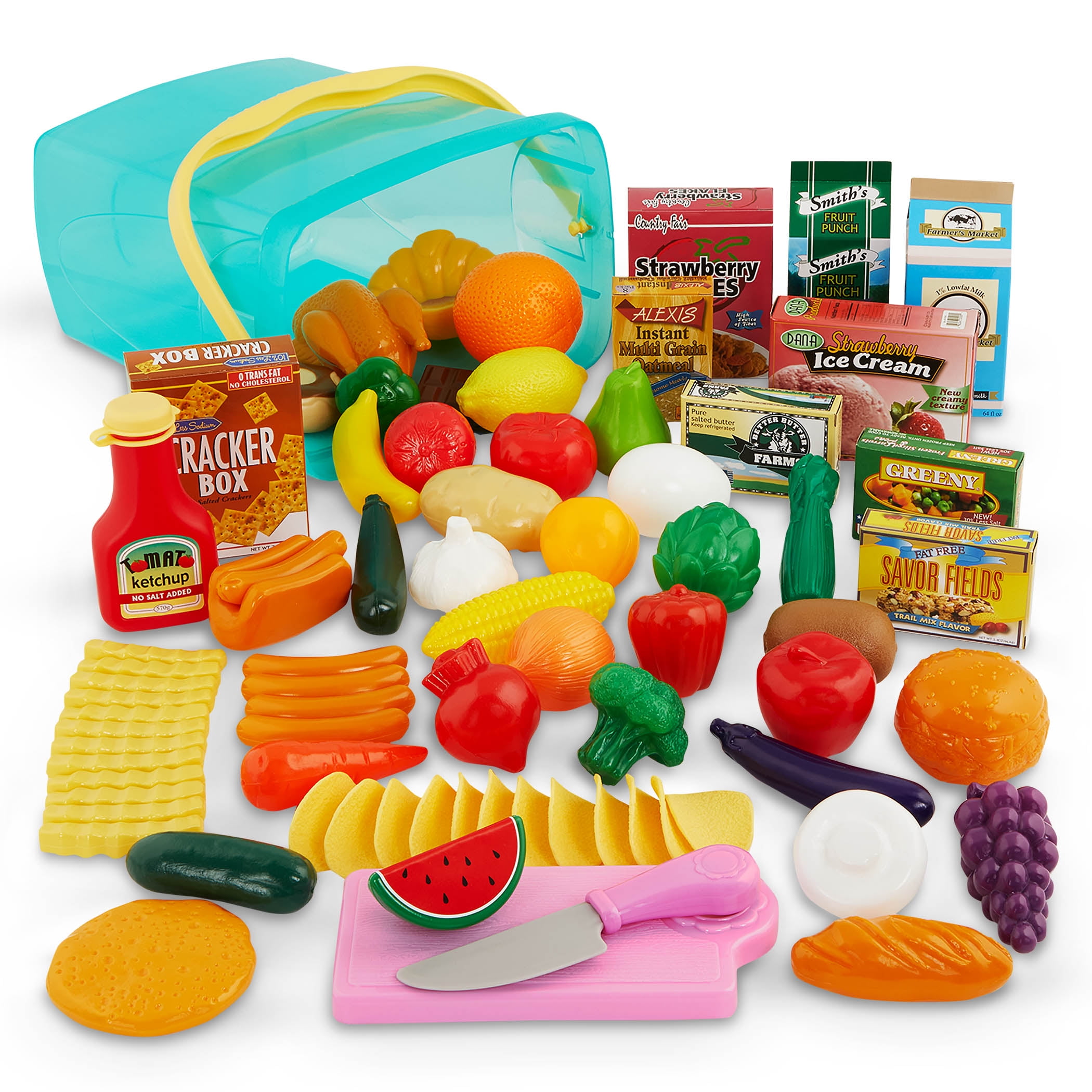 Colorful 79-Piece Plastic Play Food Set with Storage Bucket