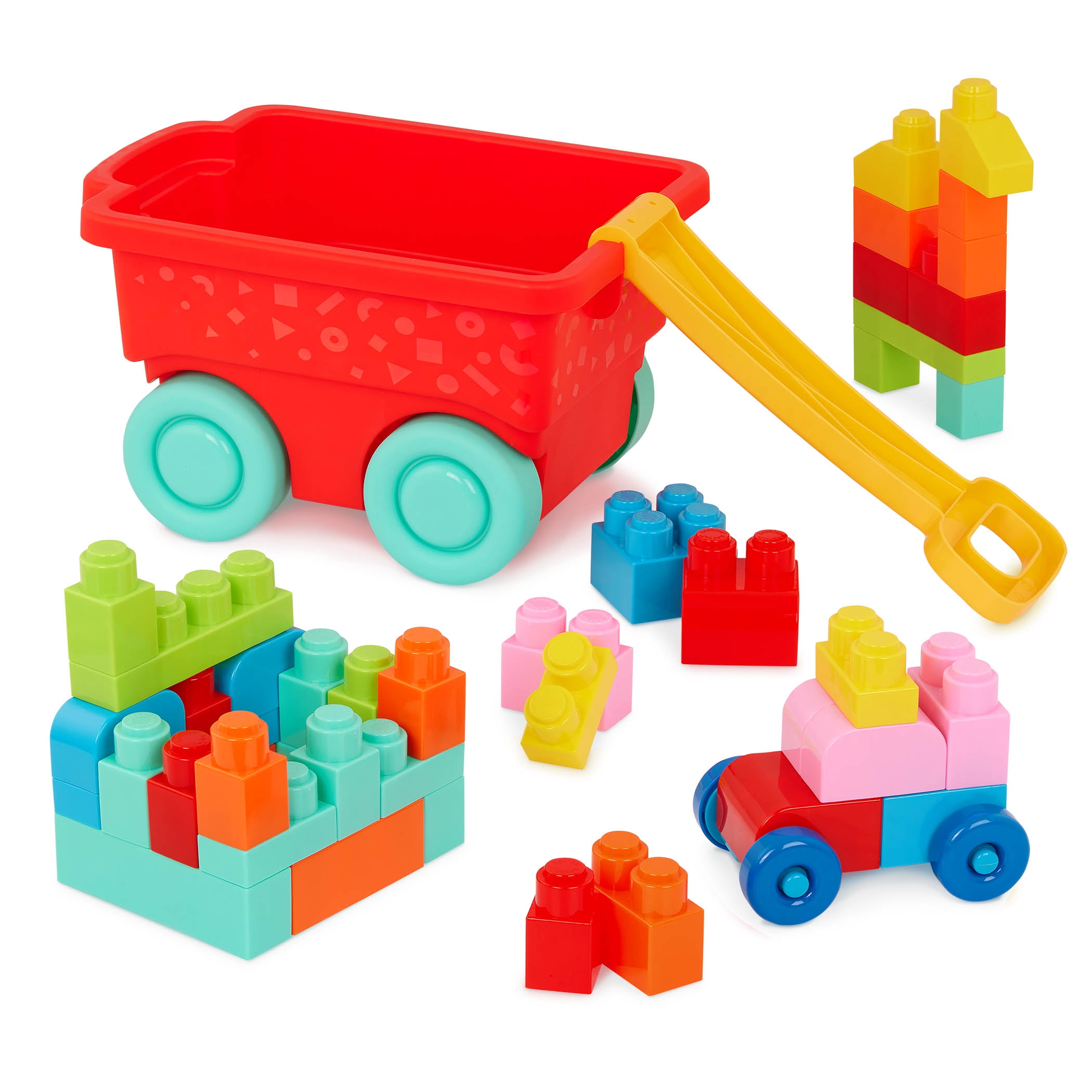 Colorful Chunky Plastic Building Blocks with Red Wagon