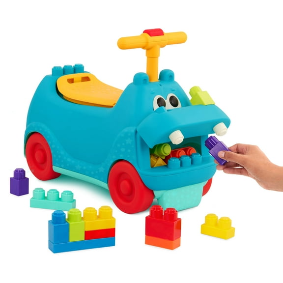 Battat Blue Ride-On Hippo with 26 Building Blocks and Storage, Ride-On Toy for Toddlers 12 Months +