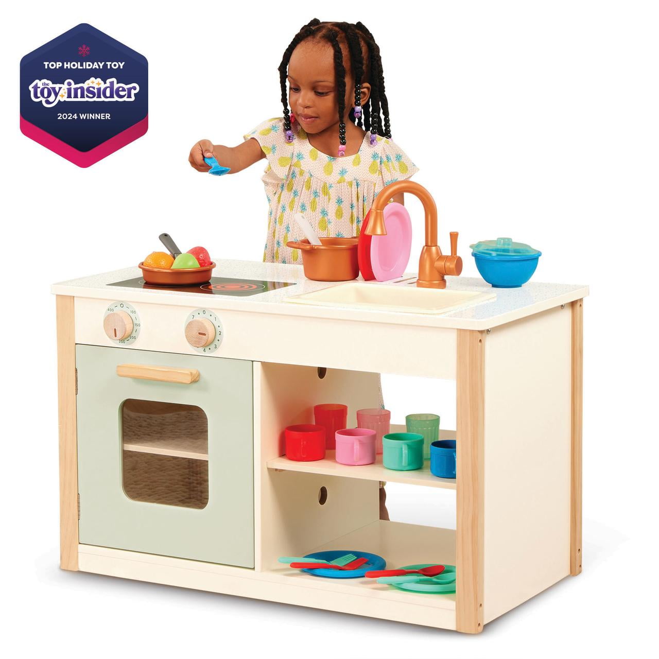 Battat Two n One Wooden Kitchen Café with Dishes and Chalkboard, Toddler and Preschool Toys  (图1)