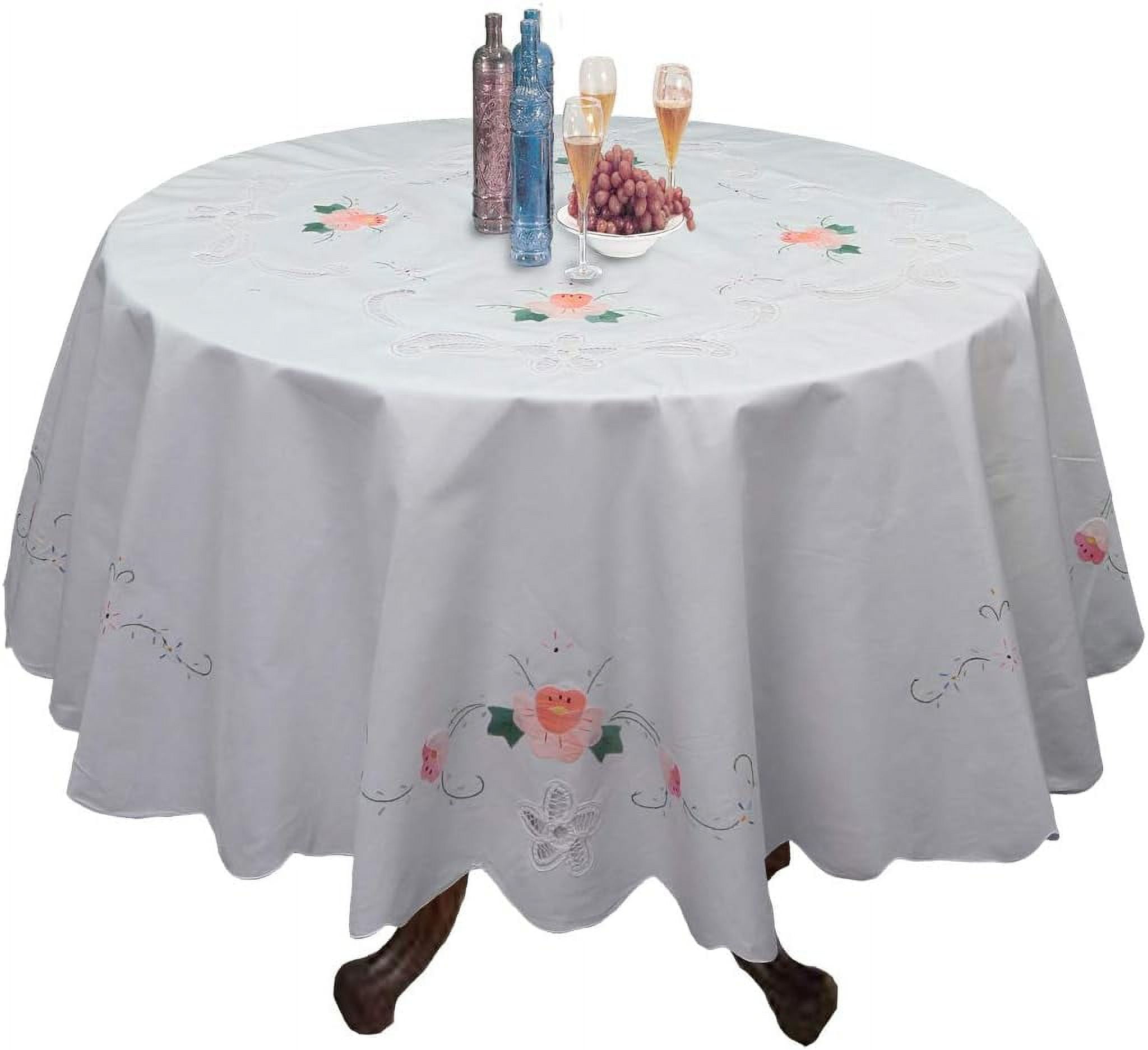 Battenburg Lace Tablecloth 68" Round With Hand Applique Roses, White