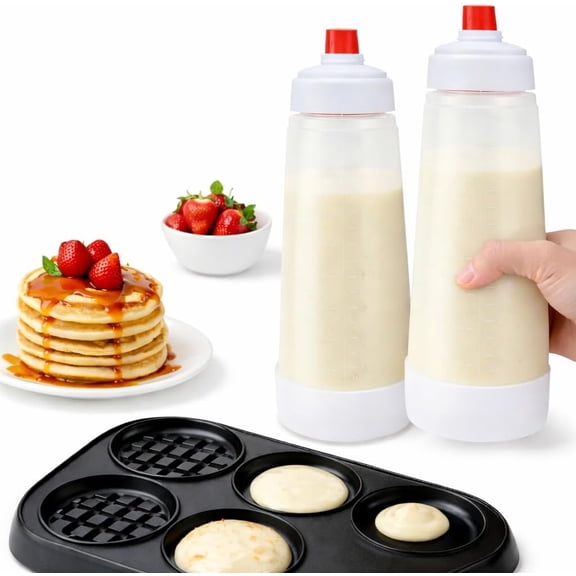 Batter Dispenser Bottle, 2 Pack, Measuring Pancake Batter Container for Baking